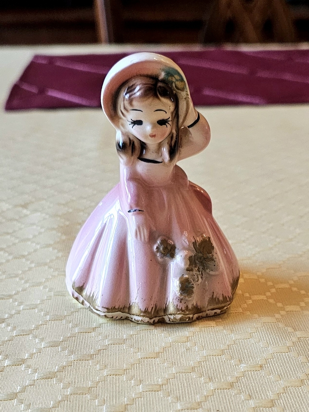 Pink Ceramic Girl Figurine with Gold Accents